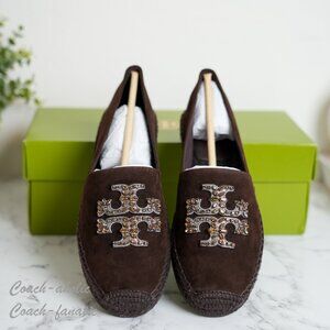 Tory Burch Embellished Espadrille Royal Suede in Dark Cocoa size 7/7.5 NIB